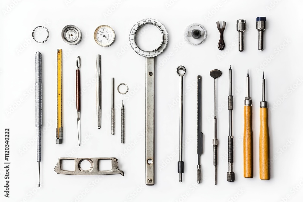 Poster precision instruments arranged neatly on white.