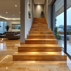 Elegant Modern Staircase with Gold LED Lighting in Minimalist Open Living Space