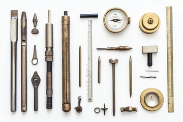 Assorted vintage metal tools and measuring devices.