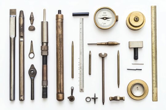 Assorted vintage metal tools and measuring devices.