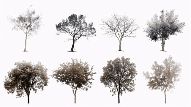 Abstract Trees: Collection of abstract tree images isolated on a white background for landscape plans and architectural layouts.