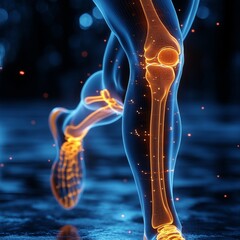 Movimiento y maquinaria de la rodilla en el ser humano, gráfica de un hombre deportista en movimiento, donde se aprecia una visión de rayos equis de su rodilla y su funcionamiento.