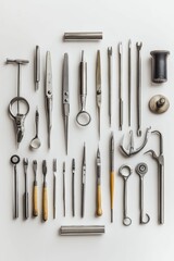 Collection of precision metal tools arranged neatly.