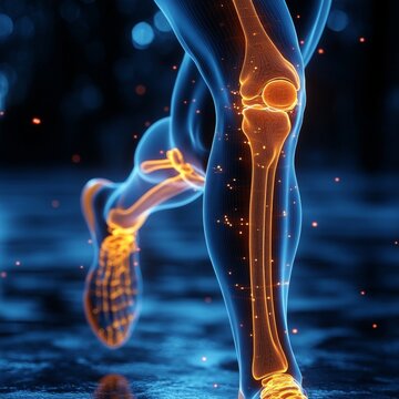 Movimiento y maquinaria de la rodilla en el ser humano, gr&aacute;fica de un hombre deportista en movimiento, donde se aprecia una visi&oacute;n de rayos equis de su rodilla y su funcionamiento.