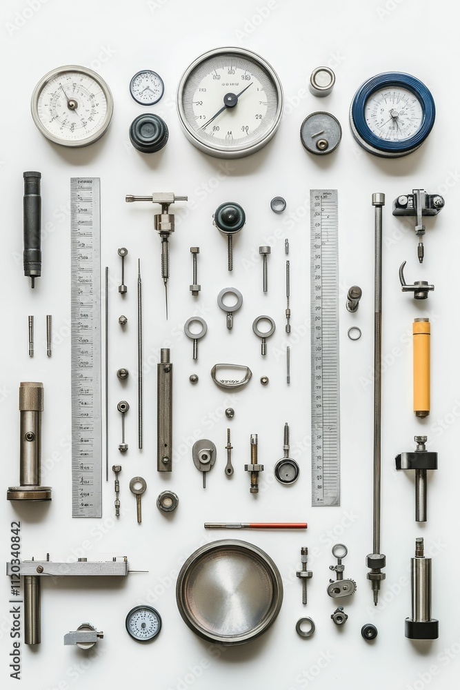 Poster precision instruments arranged on white background.