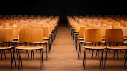 Symmetrical View of Empty College Lecture Hall with Wooden Chairs