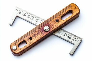 Wooden and metal measuring tools, crossed.