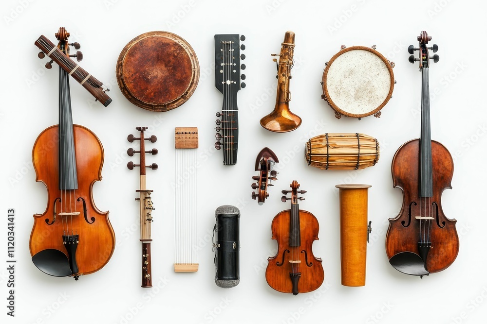 Poster stringed instruments, percussion, and wind instruments arranged neatly.
