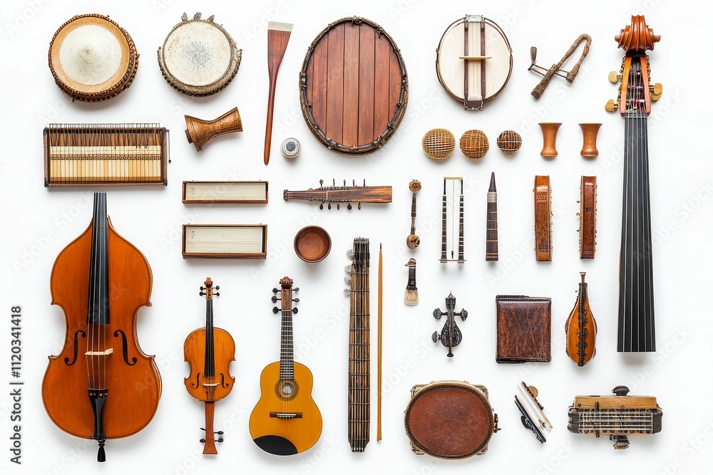 Poster collection of vintage string and percussion instruments.