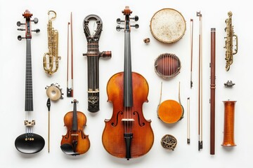 String, wind, and percussion instruments arranged neatly.