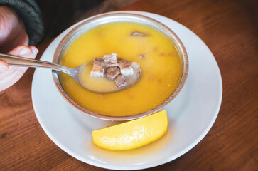 Traditional Tripe Soup with Spoon in Bowl