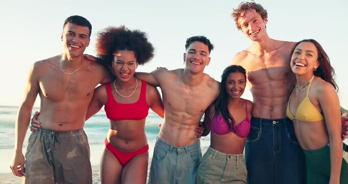 Friends, face and laughing together at beach for travel adventure, summer vacation and bonding on weekend trip. Swimwear, diversity people and happy by ocean with embrace, joke and holiday portrait