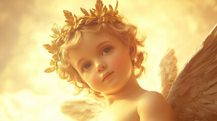 Fototapeta premium Cherubic figure with golden wreath illuminated by warm light in a serene atmosphere