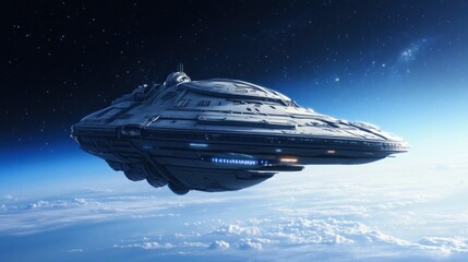 Obraz premium Futuristic Space Ship in Orbit with Cinematic Lighting Against Blue Sky