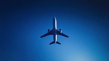 Fototapeta premium Airplane Flying in Blue Sky with Starry Night Background