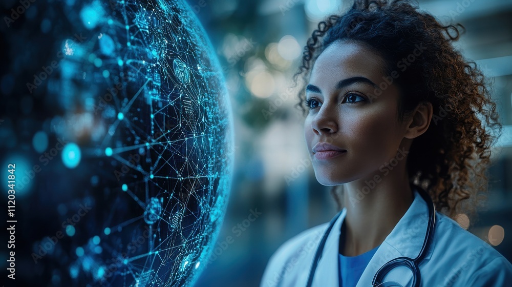 Poster a woman is looking at a computer screen with a globe on it. generative ai