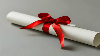 Close up view of diploma with red ribbon isolated on grey