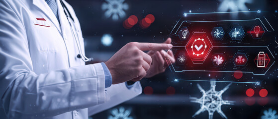 professional in lab coat interacts with holographic interface displaying various icons related to technology and science. scene conveys sense of innovation and advanced research