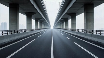 Wide Highway Bridge with Distant City Skyline in Minimalist Style