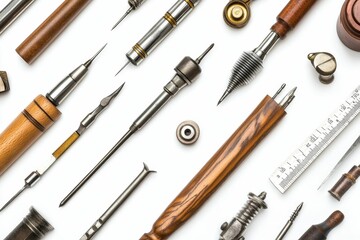Fototapeta premium Assorted antique tools arranged on white background.