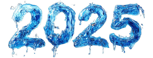 3D 2025 text with clear blue water texture