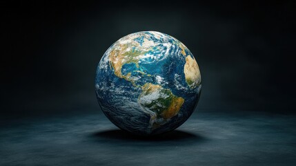 A blue and white globe sits on a black surface. Generative AI