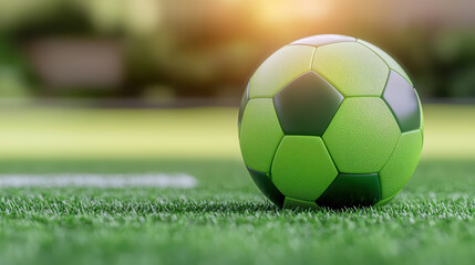Fototapeta premium vibrant green soccer ball rests on lush grass, capturing essence of outdoor sports. glowing sunlight enhances scene, creating lively atmosphere