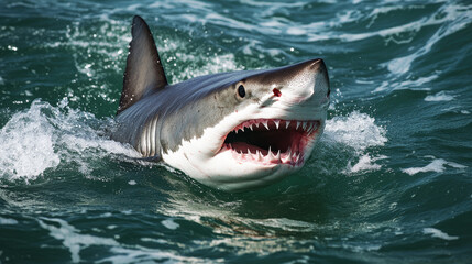 Naklejka premium Dramatic great white shark breaching the ocean surface at sunset, intense and cinematic marine predator scene with turbulent water and vivid sky