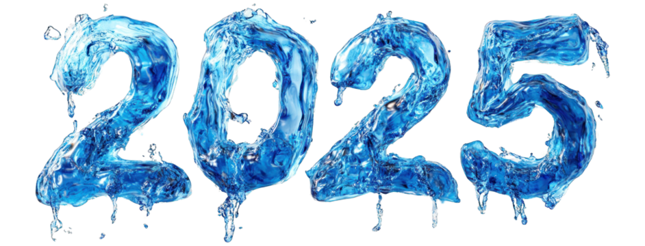 3D 2025 text with clear blue water texture