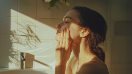 Woman applying face cream in sunlight.