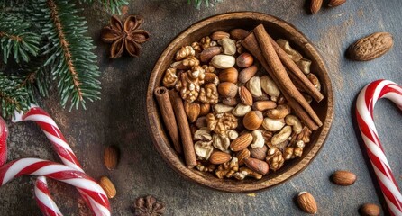 Fototapeta premium walnuts cinnamon sticks and nutmeg in wooden bowls for holidays