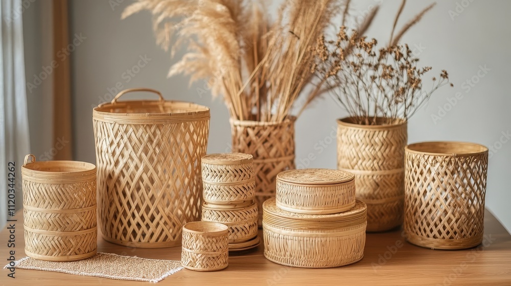 Aufkleber show the versatility of bamboo weaving by featuring items used in different aspects of daily life: b