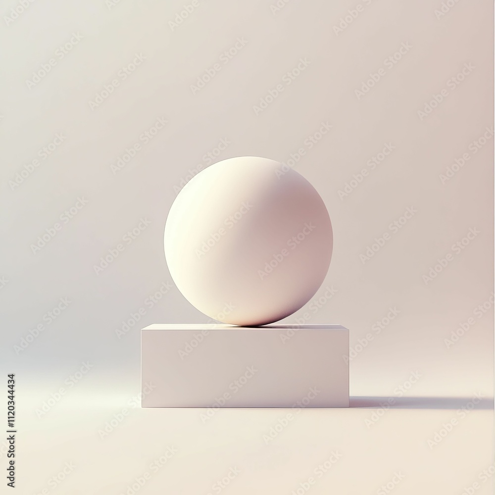 Poster sphere rests atop pale rectangular block.