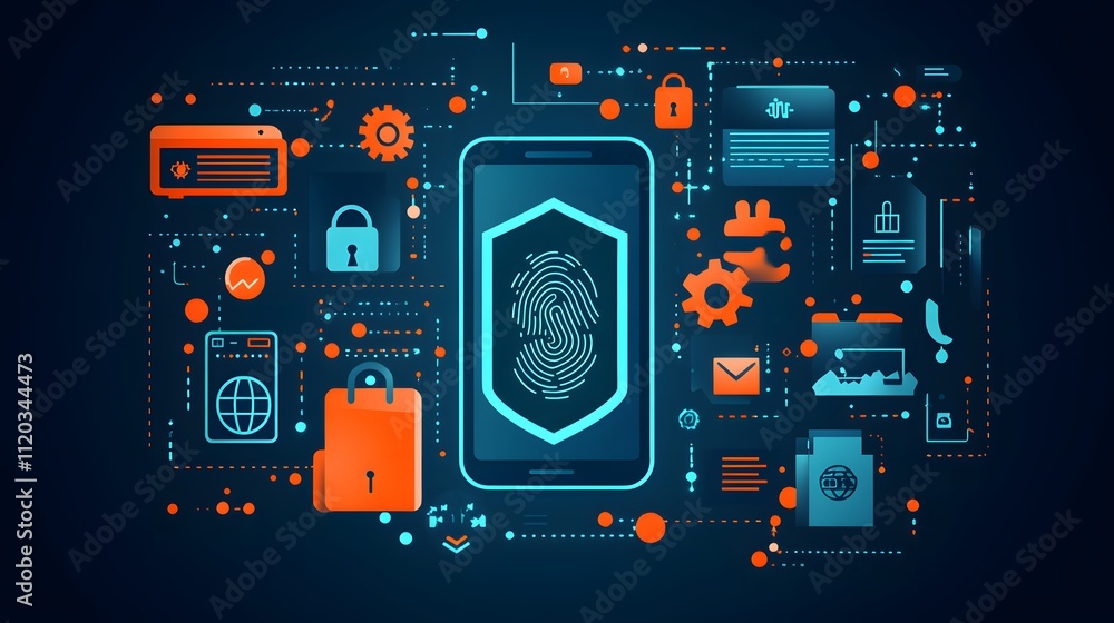 Poster digital fingerprint scanner with holographic biometric data in abstract orange and teal pattern