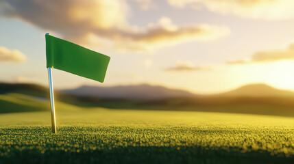 tranquil scene highlights glowing green golf flag on lush course, bathed in warm sunlight. serene landscape invites relaxation and enjoyment of game
