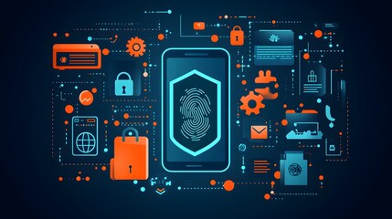 Digital fingerprint scanner with holographic biometric data in abstract orange and teal pattern