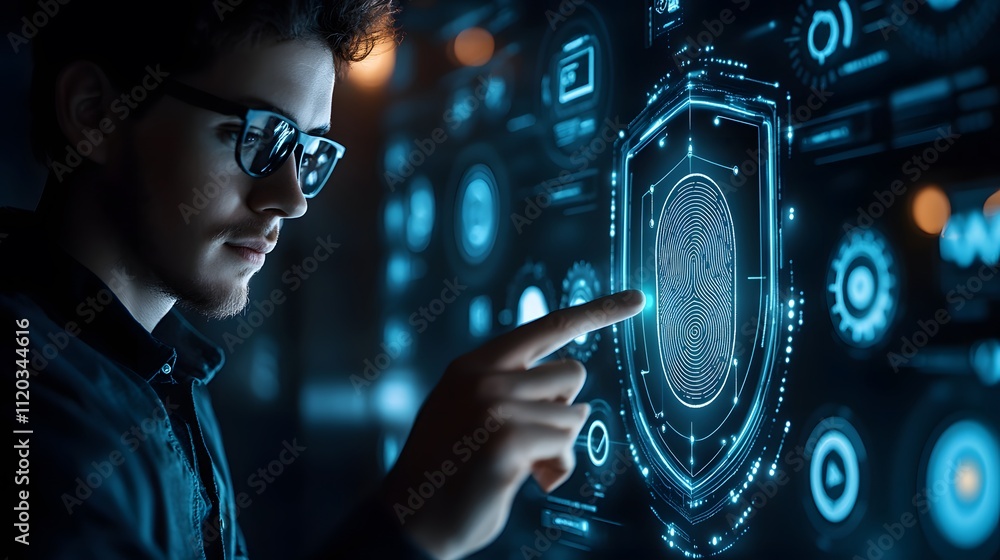 Poster a young man interacting with futuristic fingerprint security on a high-tech digital interface