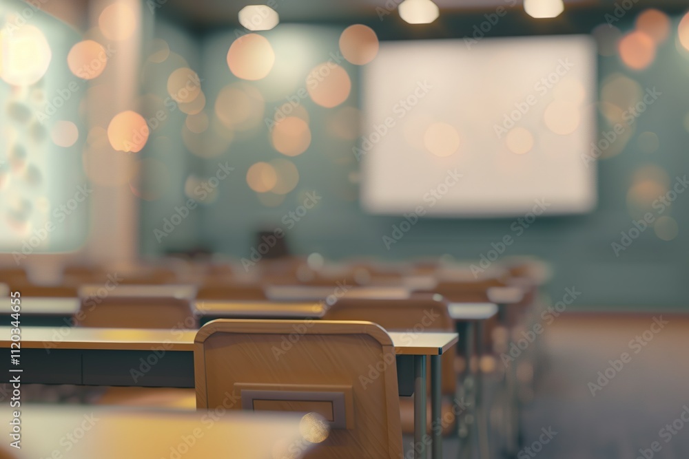 Poster a classroom with a projector screen and empty desks