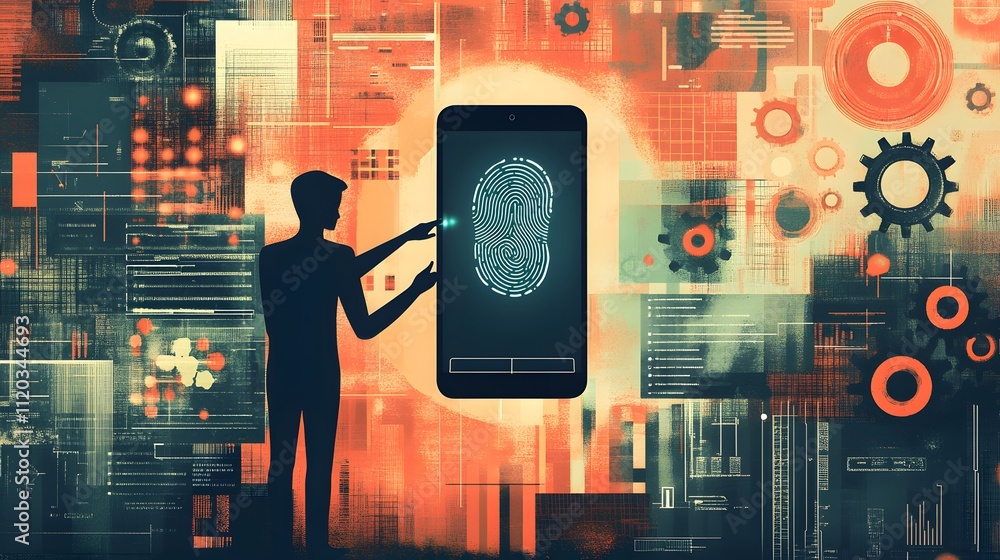Poster silhouette of a man interacting with a fingerprint scanner on a smartphone amid abstract gear and da