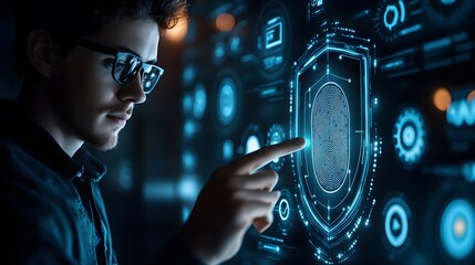 A young man interacting with futuristic fingerprint security on a high-tech digital interface