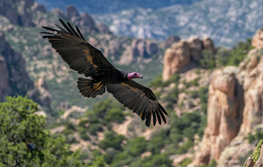 Naklejka premium A soaring vulture with outstretched wings against a mountainous backdrop.