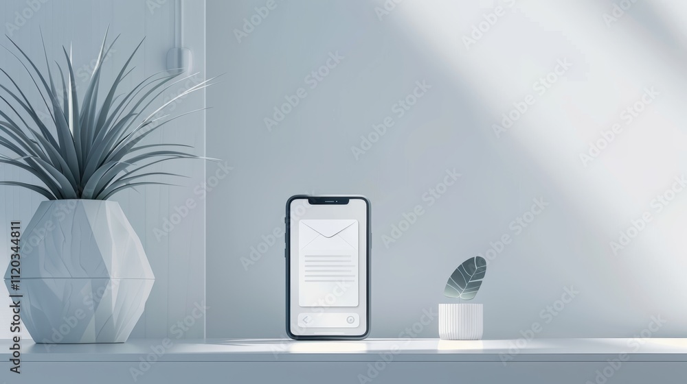 Poster minimalist desk setup with smartphone and email notification for modern workspace design