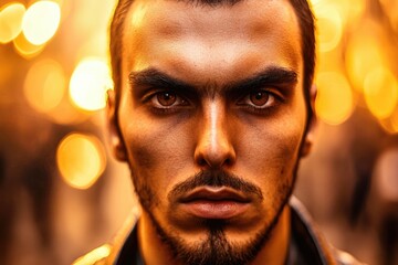 Fototapeta premium Intense portrait of young hispanic male against glowing bokeh background