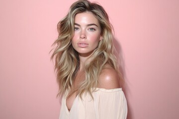 Fototapeta premium Young caucasian female with wavy blonde hair against pink background