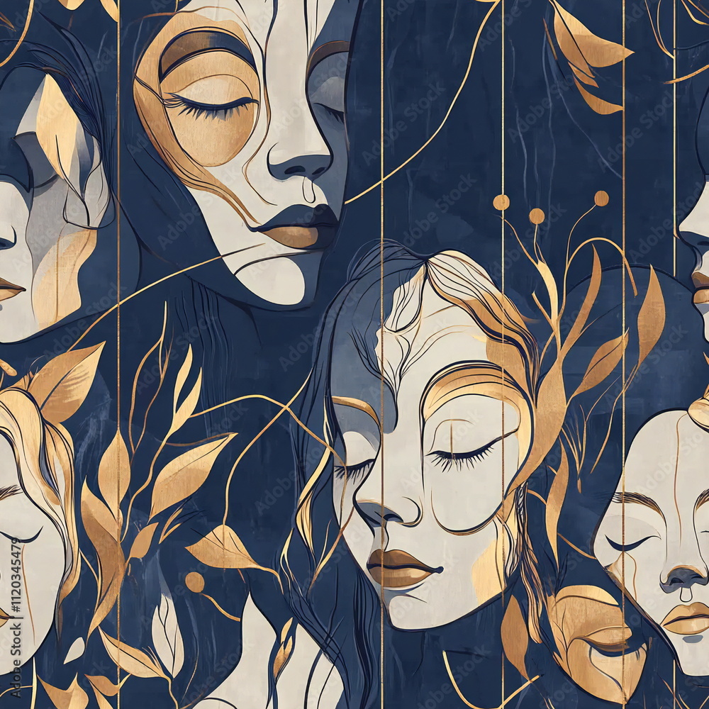 Aufkleber beautiful seamless pattern featuring abstract faces and floral elements on a dark background for mod