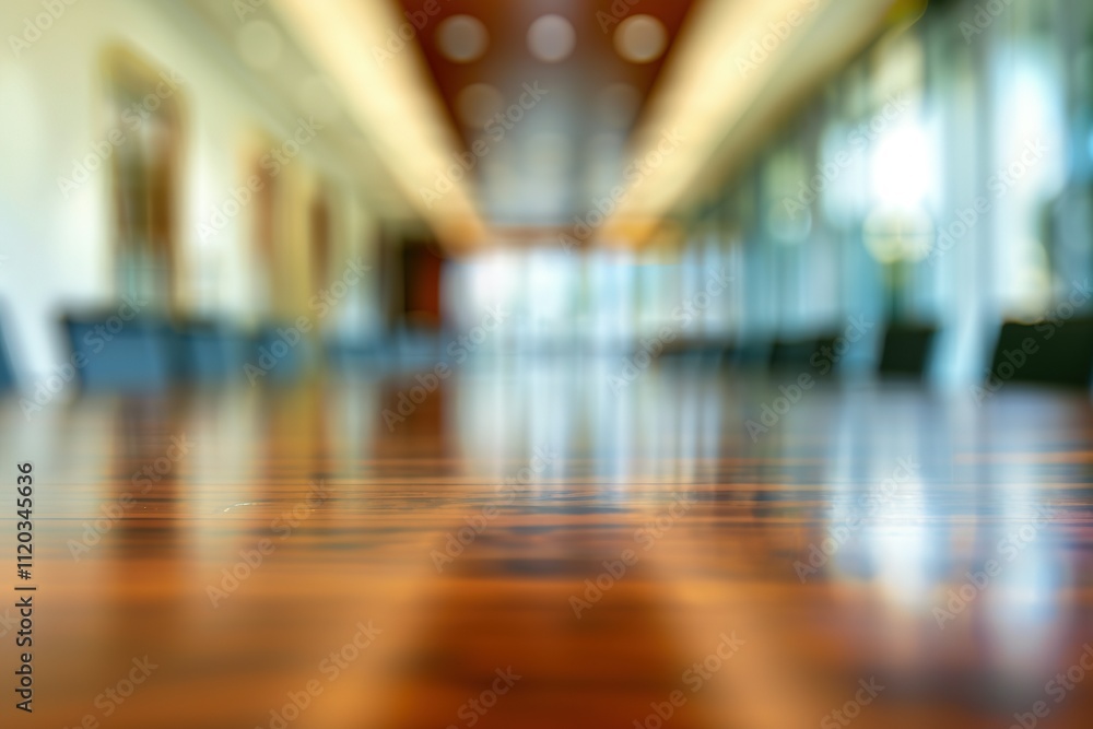 Aufkleber a blurry image of a long table with chairs and a window in the background