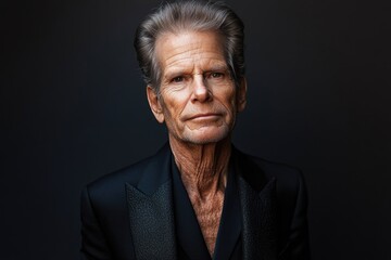 Obraz premium Elderly caucasian male with gray hair in formal black suit against dark background