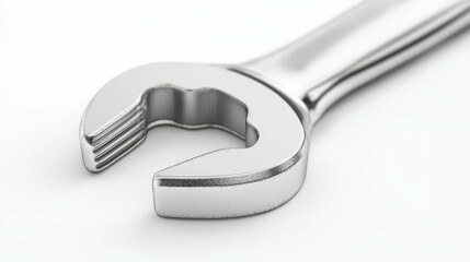 Close-up, metallic wrench, open end, white background.