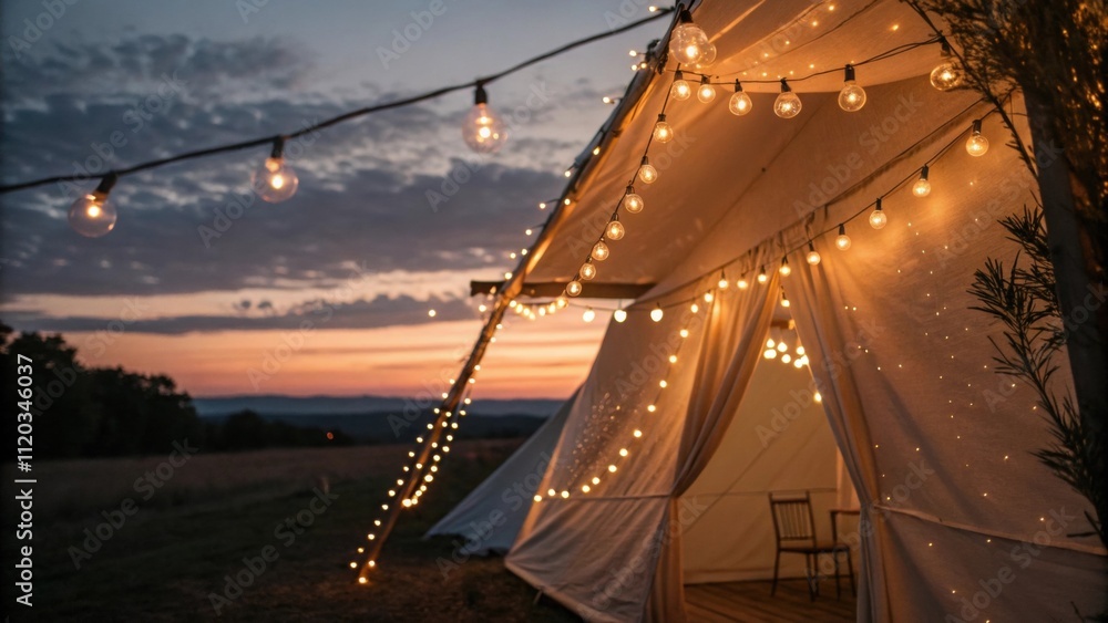 Poster delicate string lights are draped along the edge of the tent casting a warm enchanting glow that tra