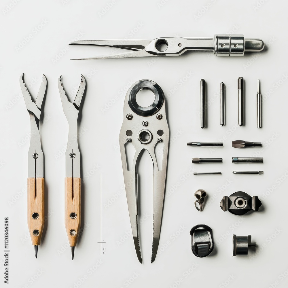 Poster precision instruments arranged on white background.